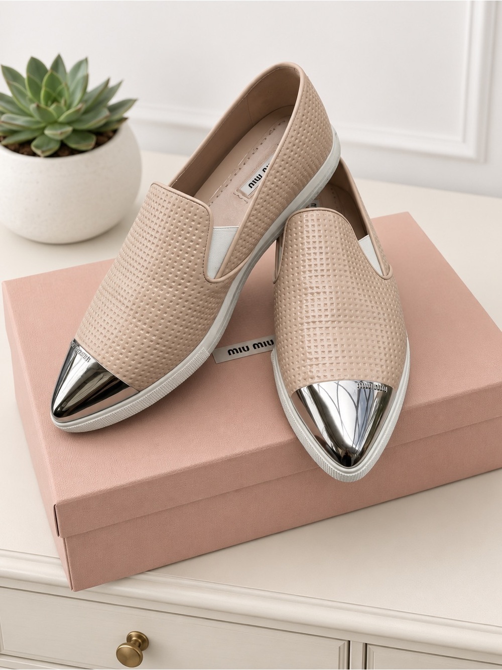 MIU MIU Blush Cap-Toe Slip On Shoes Loafers + Box + Dust Bag Women’s Size 40.5